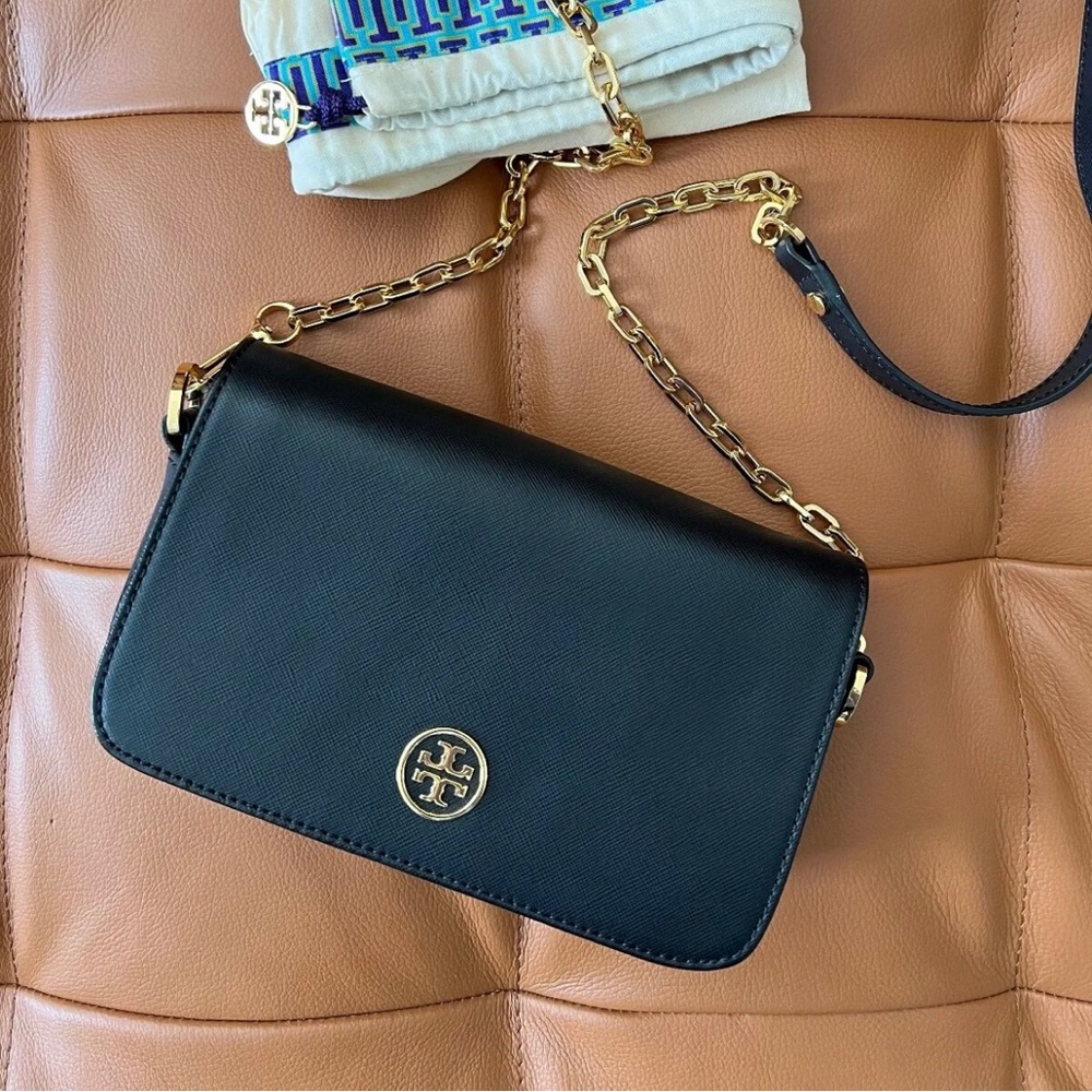 SOLD EUC Tory Burch Robinson Chain Crossbody Shoulder Bag Black Saffiano Leather
